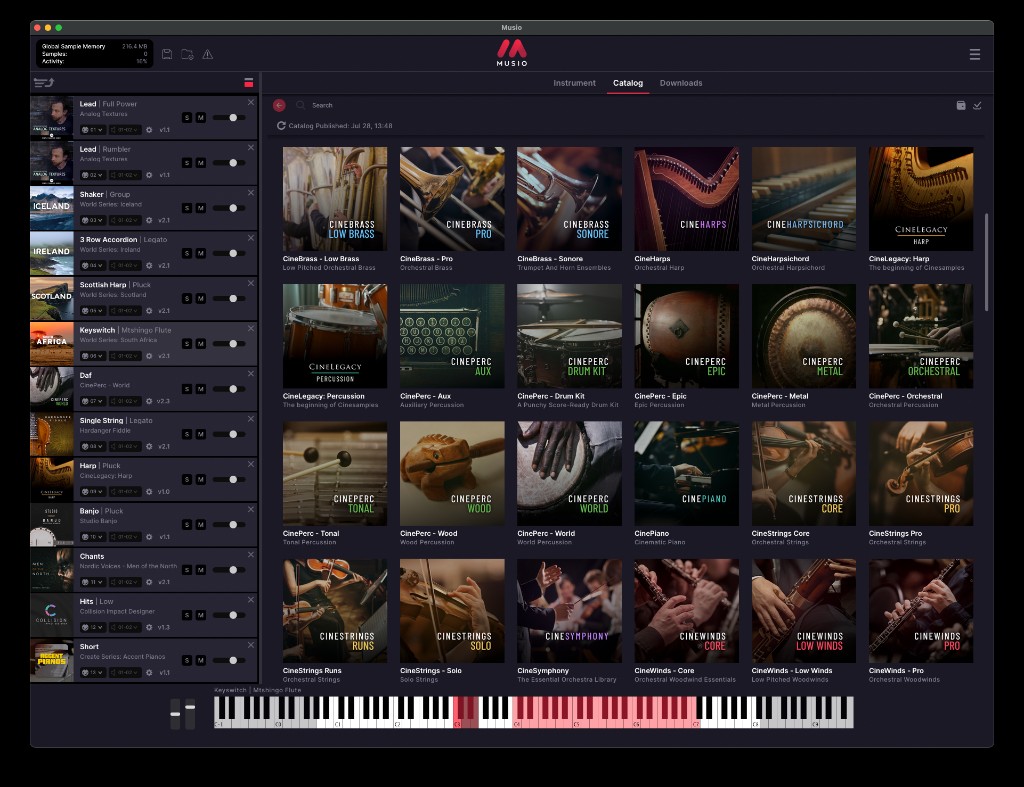 The Musio plugin showing its catalog of orchestral brass, percussion, strings and woodwind collections alongside a loaded instrument rack